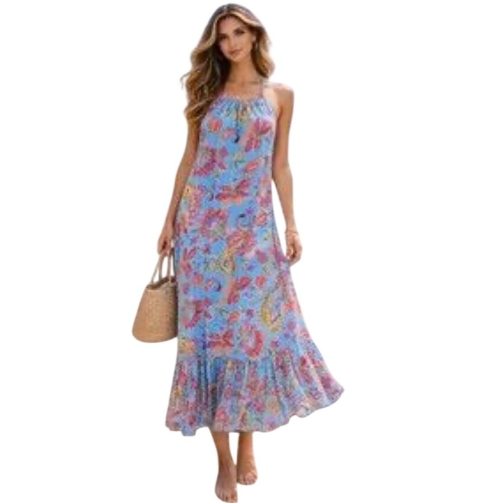 NWT Nicole Miller Maxi Dress Womens Large Blue Paisley Floral Boho Tiered Ruffle